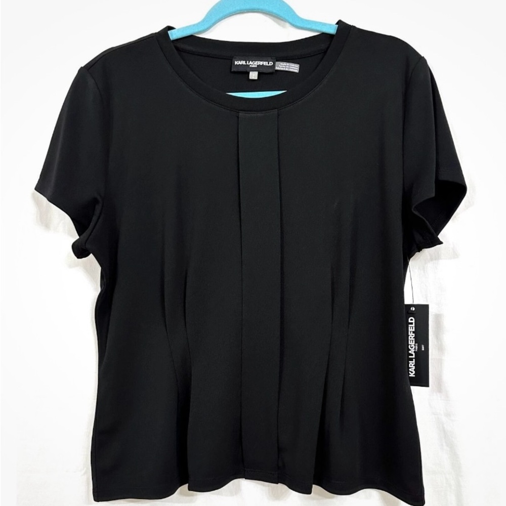Karl Lagerfeld Paris BLACK Scoop Neck Short Sleeve Peplum Top Blouse Size L BNWT